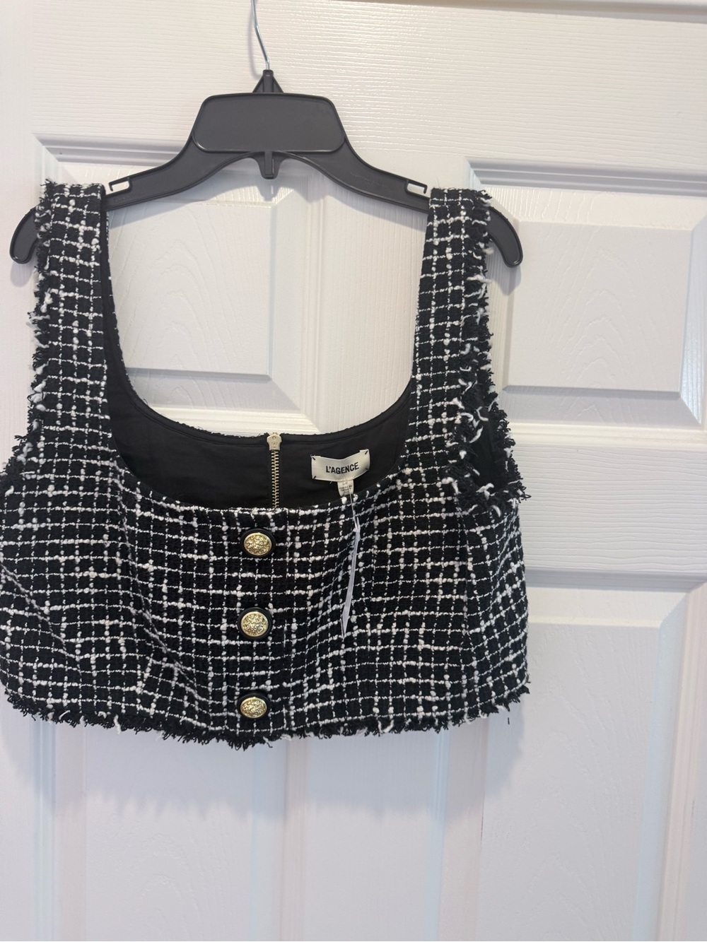 L'AGENCE Black & White Tweed Cropped Tank with Gold Buttons